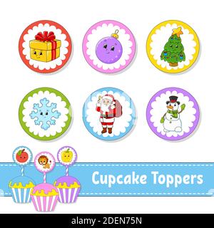 Cupcake Toppers. Set mit sechs runden Bildern. Weihnachtsthema. Zeichentrickfiguren. Niedliches Bild. Für Geburtstag, Party, Baby-Dusche. Stock Vektor