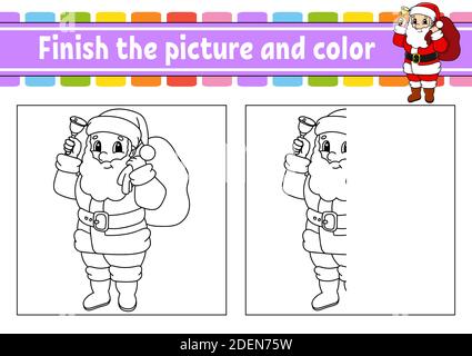 Beenden Sie das Bild und die Farbe. Weihnachtsthema. Cartoon-Charakter auf weißem Hintergrund isoliert. Für Kindererziehung. Vorgangsarbeitsblatt. Stock Vektor