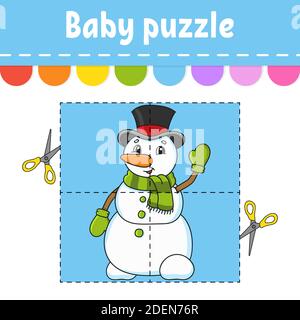 Baby Puzzle. Einfaches Niveau. Flash-Karten. Schneiden und spielen. Weihnachtsthema. Vorgangsarbeitsblatt farbig färben. Spiel für Kinder. Zeichentrickfigur. Stock Vektor
