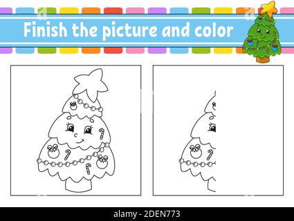 Beenden Sie das Bild und die Farbe. Weihnachtsthema. Cartoon-Charakter auf weißem Hintergrund isoliert. Für Kindererziehung. Vorgangsarbeitsblatt. Stock Vektor