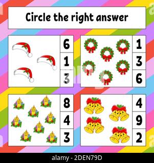 Kreisen Sie die richtige Antwort ein. Weihnachtsthema. Arbeitsblatt zur Entwicklung von Schulungen. Aktivitätsseite mit Bildern. Spiel für Kinder. Farbisolierte Vektorillust Stock Vektor