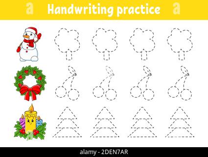 Handschriftenpaktiz. Weihnachtsthema. Arbeitsblatt zur Entwicklung von Schulungen. Aktivitätsseite. Farbe Spiel für Kinder. Isolierte Vektordarstellung. Cartoon-Lm Stock Vektor