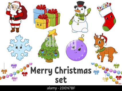 Set von Aufklebern mit niedlichen Comic-Figuren. Weihnachtsthema. Von Hand gezeichnet. Bunte Packung. Vektorgrafik. Patch Badges Kollektion. Etikettendesign e Stock Vektor