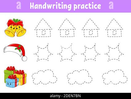 Handschriftenpaktiz. Weihnachtsthema. Arbeitsblatt zur Entwicklung von Schulungen. Aktivitätsseite. Farbe Spiel für Kinder. Isolierte Vektordarstellung. Cartoon-Lm Stock Vektor
