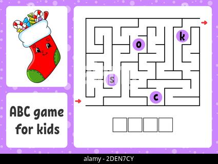 ABC Labyrinth für Kinder. Rechteck Labyrinth. Weihnachtsthema. Vorgangsarbeitsblatt. Puzzle für Kinder. Cartoon-Stil. Logisches Rätsel. Farbvektor-Abb. Stock Vektor