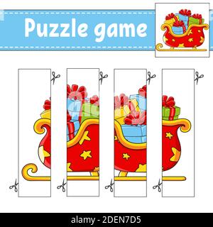 Puzzle-Spiel für Kinder. Schneidverfahren. Weihnachtsthema. Arbeitsblatt zur Entwicklung von Schulungen. Aktivitätsseite. Zeichentrickfigur. Stock Vektor