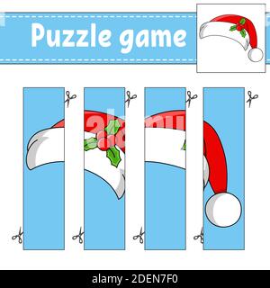 Puzzle-Spiel für Kinder. Schneidverfahren. Weihnachtsthema. Arbeitsblatt zur Entwicklung von Schulungen. Aktivitätsseite. Zeichentrickfigur. Stock Vektor