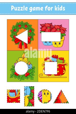 Puzzle-Spiel für Kinder. Ausschneiden und einfügen. Weihnachtsthema. Schneidverfahren. Lernformen. Arbeitsblatt zum Bildungswesen. Kreis, Quadrat, Rechteck, Dreieck. Handeln Stock Vektor