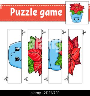 Puzzle-Spiel für Kinder. Schneidverfahren. Weihnachtsthema. Arbeitsblatt zur Entwicklung von Schulungen. Aktivitätsseite. Zeichentrickfigur. Stock Vektor