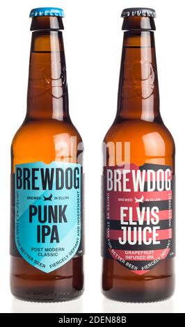 Bierflaschen schottische Brewdog Punk IPA und Elvis Saft isoliert auf weißem Hintergrund Stockfoto