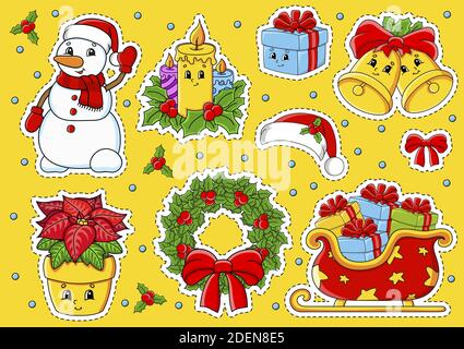 Set von Aufklebern mit niedlichen Comic-Figuren. Weihnachtsthema. Von Hand gezeichnet. Bunte Packung. Vektorgrafik. Patch Badges Kollektion. Etikettendesign e Stock Vektor