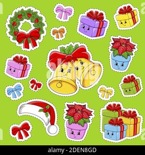 Set von Aufklebern mit niedlichen Comic-Figuren. Weihnachtsthema. Von Hand gezeichnet. Bunte Packung. Vektorgrafik. Patch Badges Kollektion. Etikettendesign e Stock Vektor