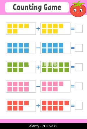 Addition und Subtraktion. Aufgabe für Kinder. Arbeitsblatt zur Entwicklung von Schulungen. Farbseite für Vorgänge. Spiel für Kinder. Lustige Figur. Isolierte Vektordarstellung Stock Vektor