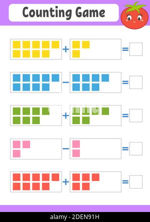 Addition und Subtraktion. Aufgabe für Kinder. Arbeitsblatt zur Entwicklung von Schulungen. Farbseite für Vorgänge. Spiel für Kinder. Lustige Figur. Isolierte Vektordarstellung Stock Vektor