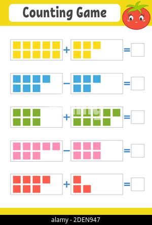 Addition und Subtraktion. Aufgabe für Kinder. Arbeitsblatt zur Entwicklung von Schulungen. Farbseite für Vorgänge. Spiel für Kinder. Lustige Figur. Isolierte Vektordarstellung Stock Vektor