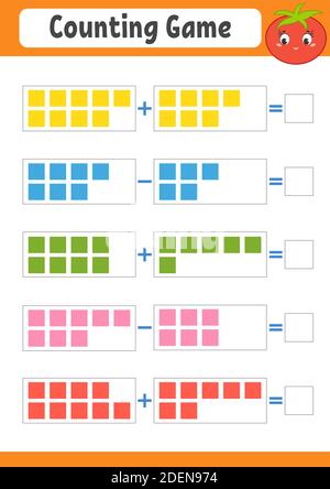 Addition und Subtraktion. Aufgabe für Kinder. Arbeitsblatt zur Entwicklung von Schulungen. Farbseite für Vorgänge. Spiel für Kinder. Lustige Figur. Isolierte Vektordarstellung Stock Vektor