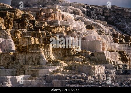 Farbenfrohe Mineralformationen der Palette Spring in den Mammoth Hot Springs im Yellowstone National Park in Wyoming, USA. Stockfoto