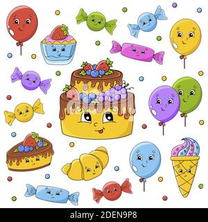 Set von Aufklebern mit niedlichen Comic-Figuren. Alles gute zum Geburtstag. Von Hand gezeichnet. Bunte Packung. Vektorgrafik. Patch Badges Kollektion. Bezeichnung des Stock Vektor