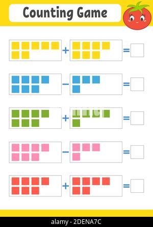 Addition und Subtraktion. Aufgabe für Kinder. Arbeitsblatt zur Entwicklung von Schulungen. Farbseite für Vorgänge. Spiel für Kinder. Lustige Figur. Isolierte Vektordarstellung Stock Vektor