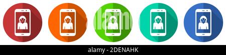 Online-Kundenservice in Smartphone, Vektor-Symbol-Set, rot, blau, grün und orange flaches Design Web-Tasten isoliert auf weiß, Vektor-Illustration Stock Vektor