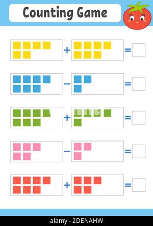 Addition und Subtraktion. Aufgabe für Kinder. Arbeitsblatt zur Entwicklung von Schulungen. Farbseite für Vorgänge. Spiel für Kinder. Lustige Figur. Isolierte Vektordarstellung Stock Vektor