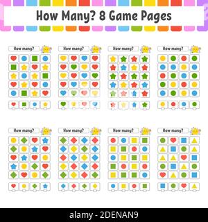 Zählen Spiel für Kinder. Glückliche Charaktere. Mathematik lernen. Wie viele Objekte im Bild. Arbeitsblatt für Schulungen. Mit Platz für Antworten. Isola Stock Vektor