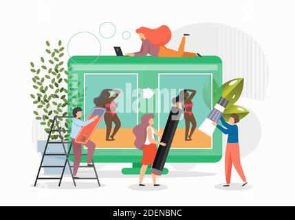 Fotodesigner, Fotografen verbessern Frau Foto mit Computer-Software-Tools, flache Vektor-Illustration. Stock Vektor