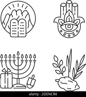 Judentum Überzeugungen lineare Symbole gesetzt Stock Vektor