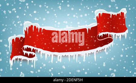 Rot realistische Ribbo mit Winter Eiszapfen und fallendem Schnee. Platz für Text Weihnachtsbanner. Vektorgrafik Stock Vektor