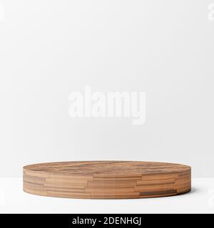 Runder Sockel aus der Textur der Holzbretter isoliert auf weißem Hintergrund. Modell für Produktpräsentation. 3d-Rendering. Stockfoto