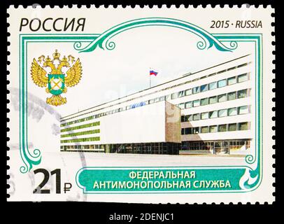 MOSKAU, RUSSLAND - 11. MAI 2020: In Russland gedruckte Briefmarke zeigt den Föderalen Antimonopoldienst, Russische Staatliche Stiftungen Serie, um 2015 Stockfoto