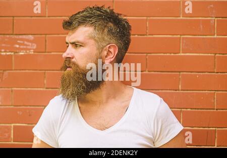 Modischer bärtiger Hipster. Bartpflege war noch nie so einfach. Bartpflege Tricks halten Ihre Gesichtshaar aussehen strahlend. Mann städtischen Stil brutal bärtig Hipster Backstein Wand Hintergrund aus nächster Nähe. Stockfoto