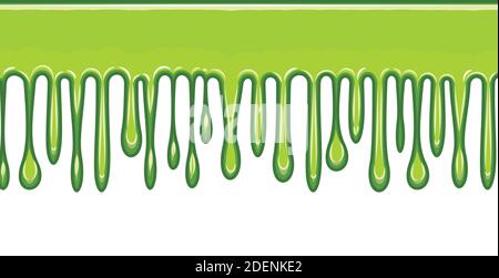 Fließt von hellgrüner Flüssigkeit. Dick fließende Farbe. Schleim. Die Tropfen rutschen. Das isolierte Objekt auf weißem Hintergrund. Flacher Cartoon-Stil. Glanz Stock Vektor