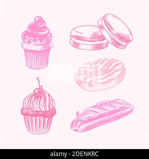 Schokolade Cupcake mit Kirschen. Eclair und Donut und Makronen. Handgezeichnetes Backwarenprodukt. Süßes Essen. Vintage gravierte Skizze. Vektorgrafik Stock Vektor