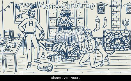 Die Familie schmückt den Baum zu Weihnachten. Mama Papa Hund Katze und Kinder am Fenster mit einem Kamin zu Hause. Gemütliche Atmosphäre. Winterkonzept Stock Vektor