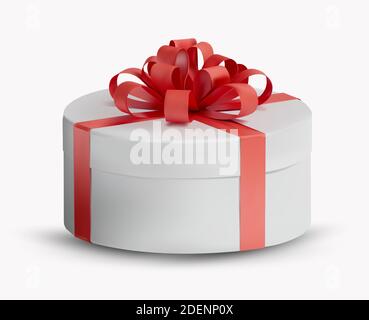 Realistische Geschenk weiße Box in einem roten Band und Schleife auf der Oberseite. Geschenkbox für Ihr Design. Weihnachtsgeschenk runde Box. Vektorgrafik Stock Vektor