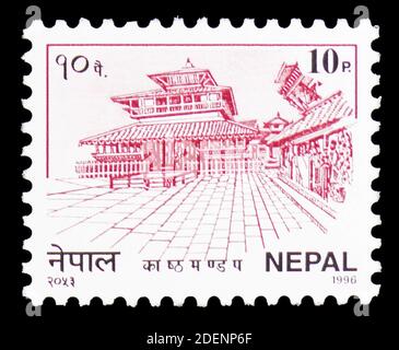 MOSKAU, RUSSLAND - 28. JUNI 2020: Briefmarke gedruckt in Nepal zeigt Kasthamandap, Serie, um 1996 Stockfoto