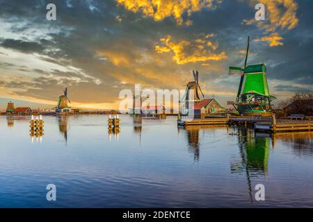 Gesamtansicht Zaanse Schans Zaandam in den Niederlanden mit der historischen Mühle De Gekroonde Poelenburg im Vordergrund, De Zoeker, Het Jonge Schaa Stockfoto