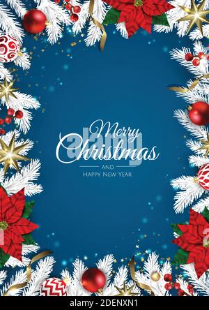 Weihnachten und Neujahr Hintergrund. Weihnachtsbäume, Weihnachtsbälle, Schneeflocken. Grußkarte, Banner, Header, Website, Poster. Stock Vektor