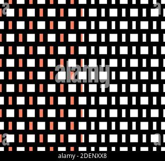 Geometrisches abstraktes Nahtmuster. Stilvolle Fantasy-Textur mit quadratischen Formen in schwarz und weiß. Rote Hintergrundfarbe ist leicht zu ändern Stock Vektor
