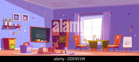 Kindergartenraum, Kindertagesstätte mit Spielzeug, Kreidetafel, Tisch und Stühlen für Kinder. Vector Cartoon Innenraum Kinderzimmer im Haus oder Vorschule mit Staffelei für Zeichnung, Regale und Spielzeugkasten Stock Vektor