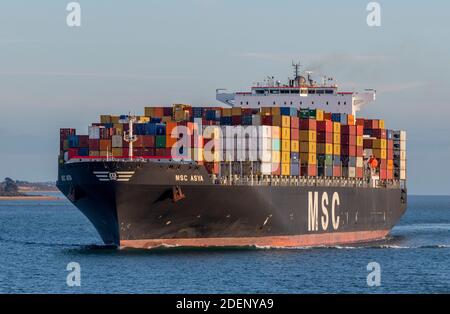Ein großes Containerschiff der MSC Asya in southampton Wasser und die Docks im Hafen von southampton für das Entladen und Umladen auf DP World. Stockfoto