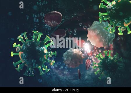 Blutstrom Coronavirus-Infektion Angriff Immunsystem 3D Illustration Stockfoto
