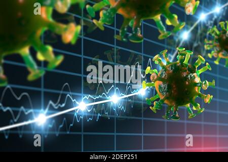 Verfolgung des Fortschritts der Coronavirus-Epidemie neue Fälle und wächst 3D-Illustration für globale Notfälle Stockfoto