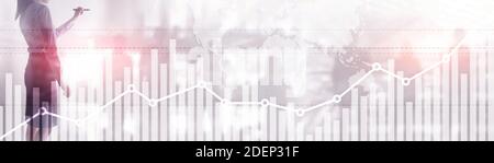 Double Exposure globalen Weltkarte auf Unternehmen finanzielle Börsenhandel Hintergrund Stockfoto