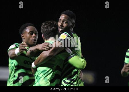 Nailsworth, Großbritannien. Dezember 2020. Torfeier für Jamille Matt von Forest Green Rovers während des League 2-Spiels zwischen Forest Green Rovers und Newport County am 1. Dezember 2020 im New Lawn, Nailsworth, England. Foto von Dave Peters. Nur redaktionelle Verwendung, Lizenz für kommerzielle Nutzung erforderlich. Keine Verwendung bei Wetten, Spielen oder Veröffentlichungen einzelner Vereine/Vereine/Spieler. Kredit: UK Sports Pics Ltd/Alamy Live Nachrichten Stockfoto