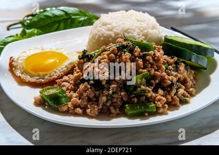 Phat Krapow Mu SAP auch bekannt als Rührgebratenes Thai-Basilikum Schweinefleisch mit Austernsauce serviert mit weißem Reis und ein Spiegelei sunnyside oben Stockfoto