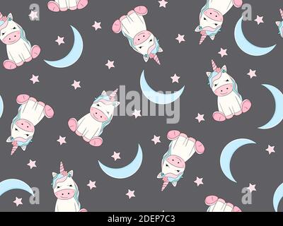 Einhorn Nahtloses Muster mit Mond und Sternen. Cartoon Vektorgrafik. Stock Vektor