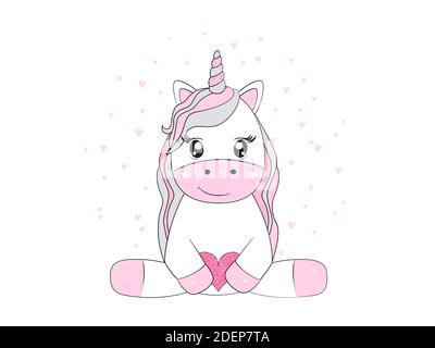 Nettes Einhorn Baby Mädchen hält das Herz. Vektorgrafik im Cartoon-Stil. Stock Vektor