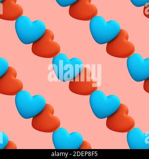 Liebe nahtlose Muster kreative Konzept. Zwei romantische blaue und rote Herzen auf einem rosa Hintergrund. Valentinskarte oder Webbanner-Vorlage, 3d-Rendering Stockfoto